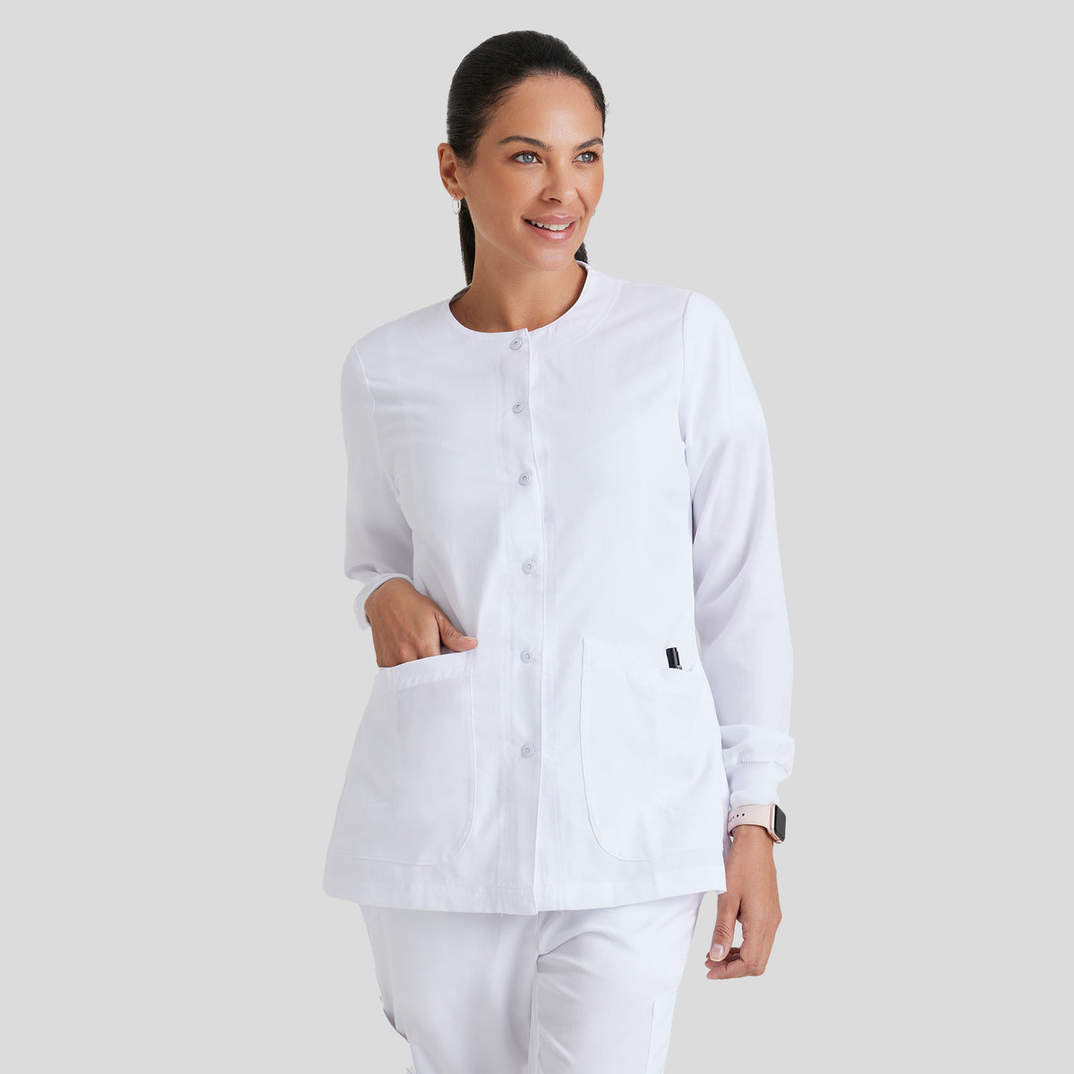 Jamie 4-Pocket Crewneck Snap-Front Scrub Jacket | White